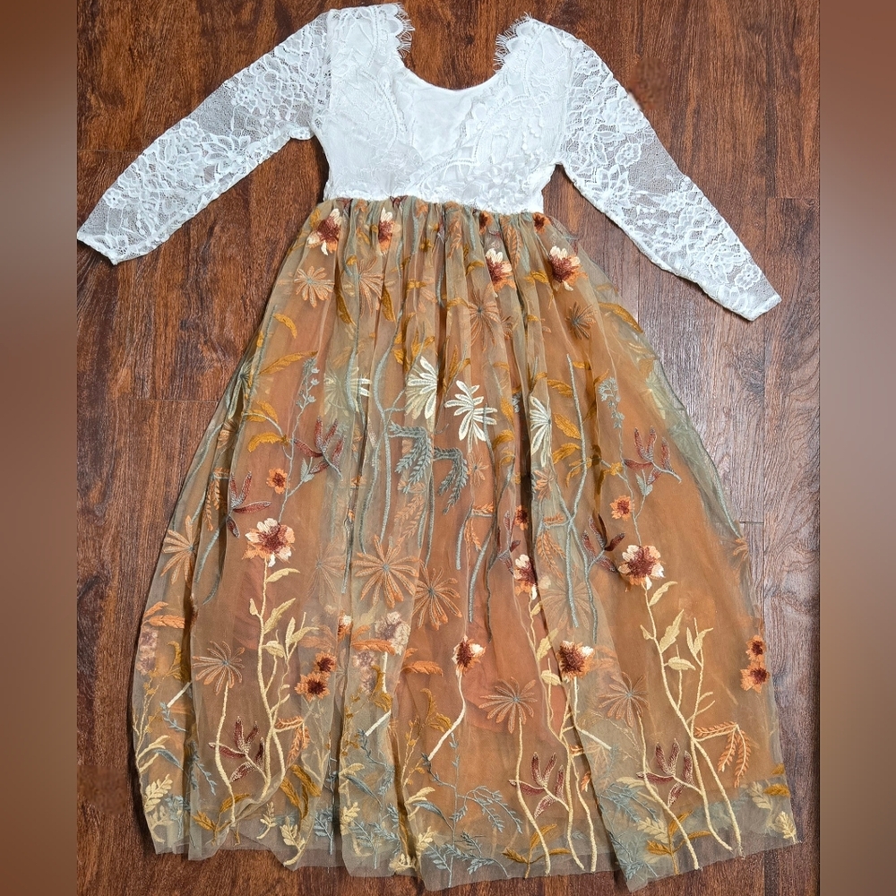 Rustic Burnt Orange Embroidered Flower Girl Dress with Chantilly Lace - Picture 2 of 7